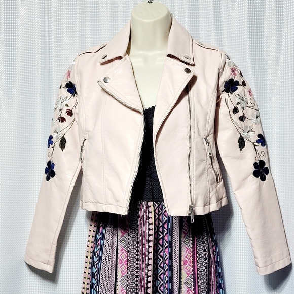 Me Jane Blush Pink Faux Leather Aviator Jacket Floral Embroidered (M/10 Girls) - Picture 5 of 14